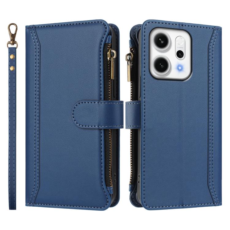 For OPPO Reno14 5G Global Magnetic Closure 9 Card Slots Zipper Leather Case with Hand Strap