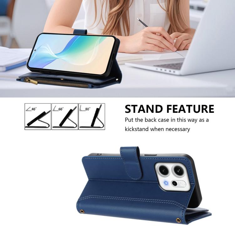 For OPPO Reno14 5G Global Magnetic Closure 9 Card Slots Zipper Leather Case with Hand Strap