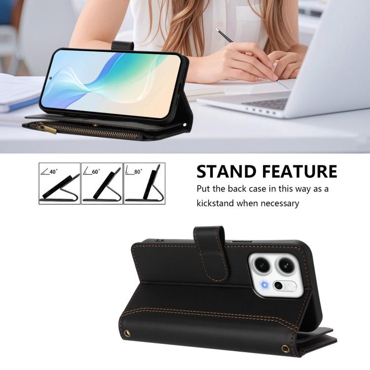 For OPPO Reno14 5G Global Magnetic Closure 9 Card Slots Zipper Leather Case with Hand Strap