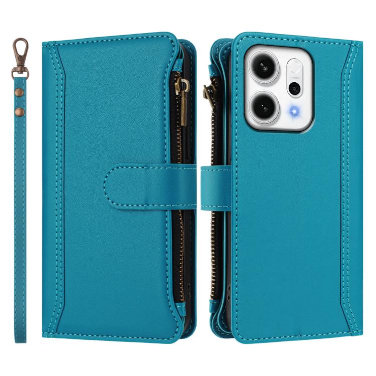 For OPPO Reno14 5G Global Magnetic Closure 9 Card Slots Zipper Leather Case with Hand Strap