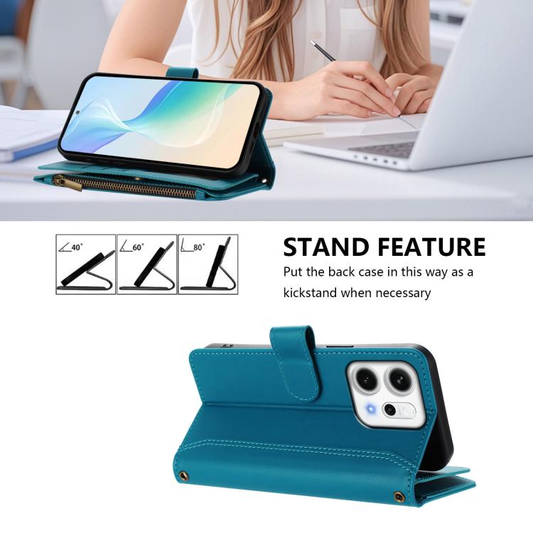 For OPPO Reno14 5G Global Magnetic Closure 9 Card Slots Zipper Leather Case with Hand Strap
