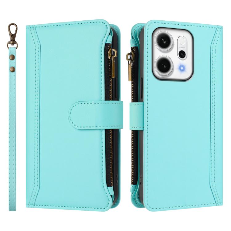 For OPPO Reno14 5G Global Magnetic Closure 9 Card Slots Zipper Leather Case with Hand Strap