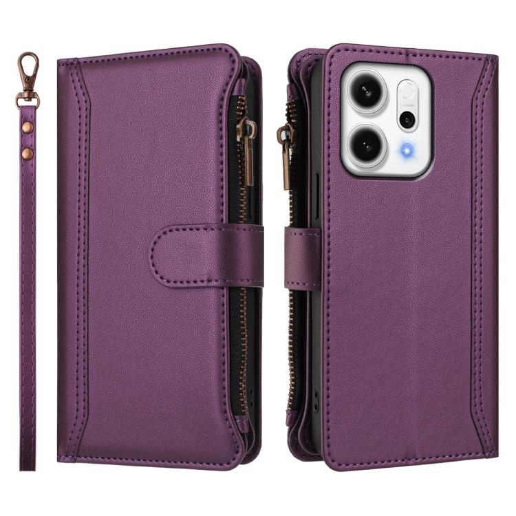 For OPPO Reno14 5G Global Magnetic Closure 9 Card Slots Zipper Leather Case with Hand Strap