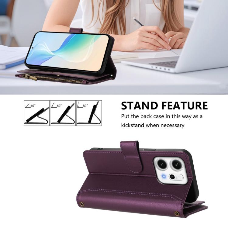 For OPPO Reno14 5G Global Magnetic Closure 9 Card Slots Zipper Leather Case with Hand Strap