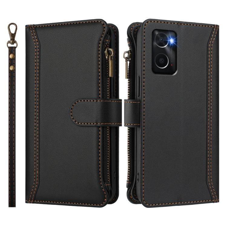 For Realme 9i 4G Magnetic Closure 9 Card Slots Zipper Leather Case with Hand Strap