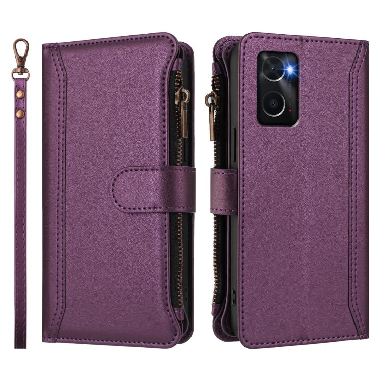 For Realme 9i 4G Magnetic Closure 9 Card Slots Zipper Leather Case with Hand Strap