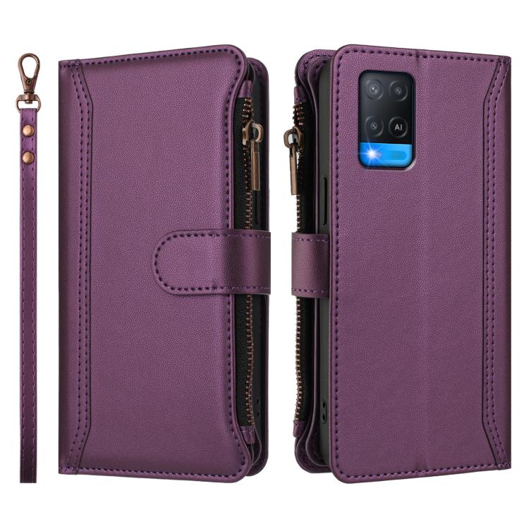For Realme V11 5G Magnetic Closure 9 Card Slots Zipper Leather Case with Hand Strap