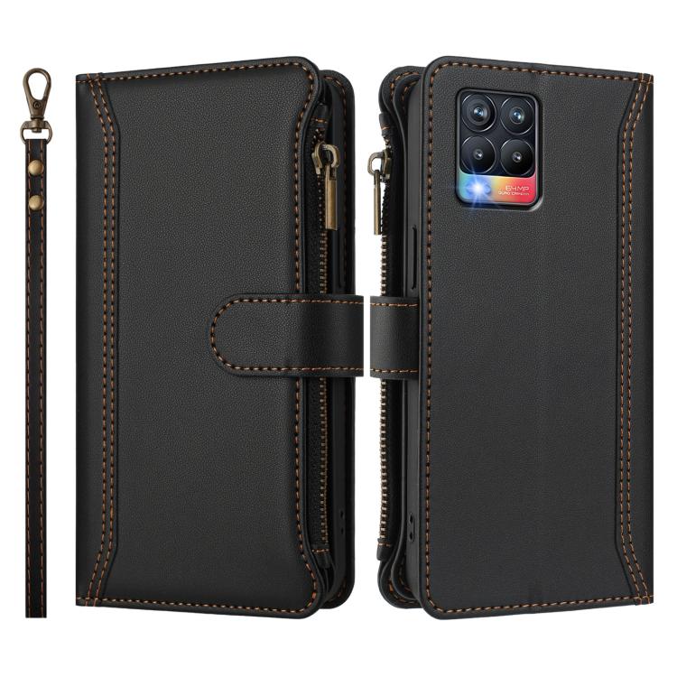 For Realme 8 / 8 Pro Magnetic Closure 9 Card Slots Zipper Leather Case with Hand Strap