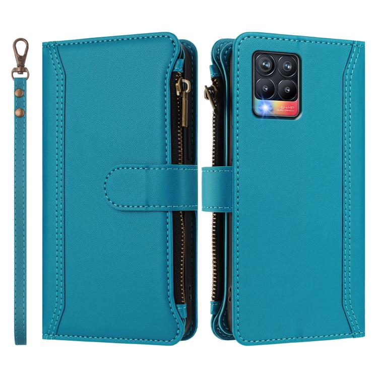 For Realme 8 / 8 Pro Magnetic Closure 9 Card Slots Zipper Leather Case with Hand Strap