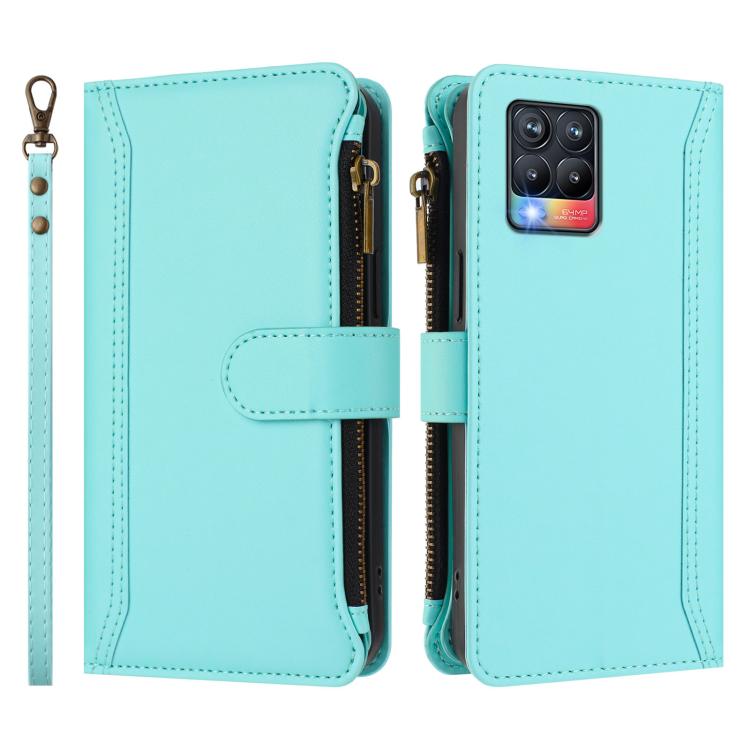 For Realme 8 / 8 Pro Magnetic Closure 9 Card Slots Zipper Leather Case with Hand Strap