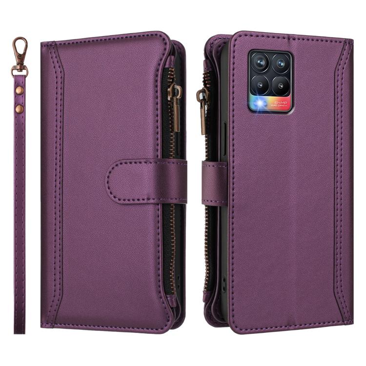 For Realme 8 / 8 Pro Magnetic Closure 9 Card Slots Zipper Leather Case with Hand Strap