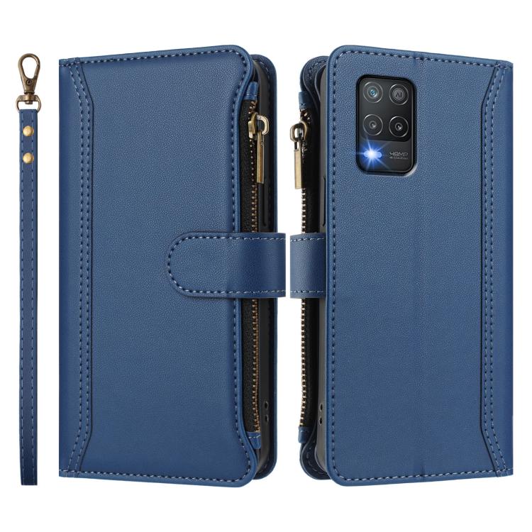For Realme V13 5G / Q3 5G / Q3i 5G Magnetic Closure 9 Card Slots Zipper Leather Case with Hand Strap