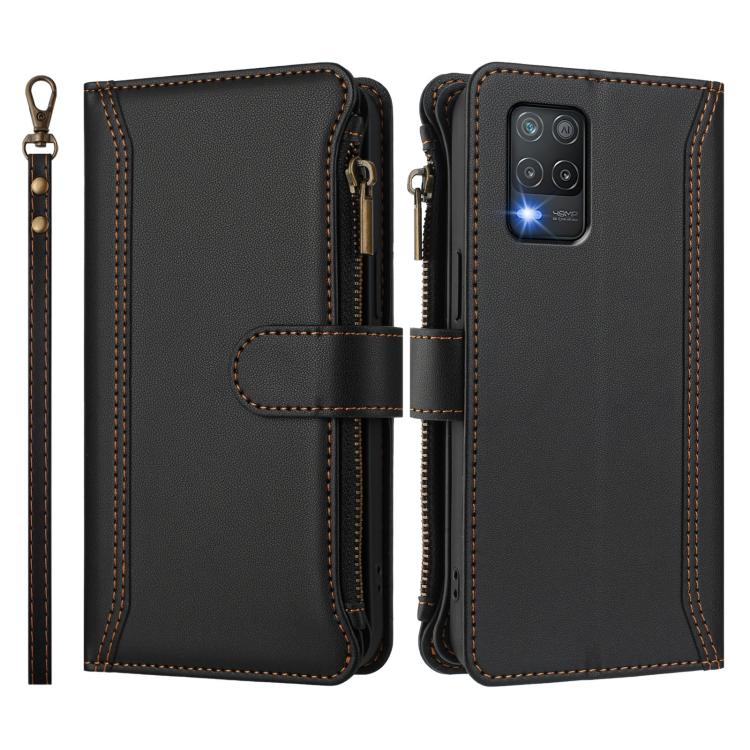 For Realme V13 5G / Q3 5G / Q3i 5G Magnetic Closure 9 Card Slots Zipper Leather Case with Hand Strap