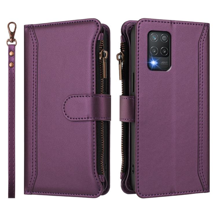 For Realme V13 5G / Q3 5G / Q3i 5G Magnetic Closure 9 Card Slots Zipper Leather Case with Hand Strap