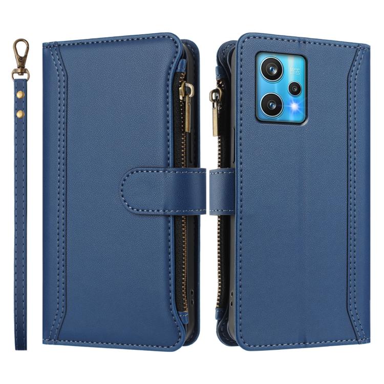 For Realme 9 Pro+ 5G / Narzo 50 Pro Magnetic Closure 9 Card Slots Zipper Leather Case with Hand Strap