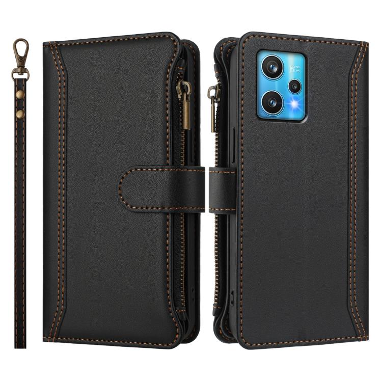 For Realme 9 Pro+ 5G / Narzo 50 Pro Magnetic Closure 9 Card Slots Zipper Leather Case with Hand Strap
