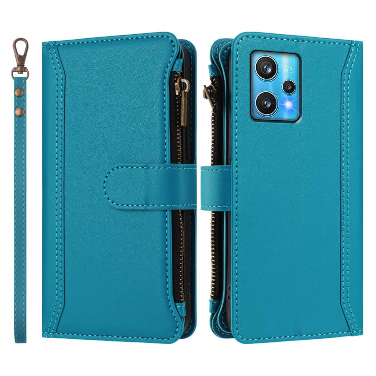 For Realme 9 Pro+ 5G / Narzo 50 Pro Magnetic Closure 9 Card Slots Zipper Leather Case with Hand Strap