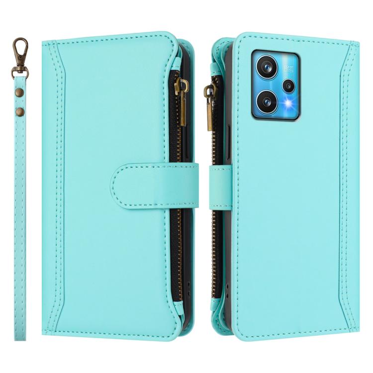 For Realme 9 Pro+ 5G / Narzo 50 Pro Magnetic Closure 9 Card Slots Zipper Leather Case with Hand Strap