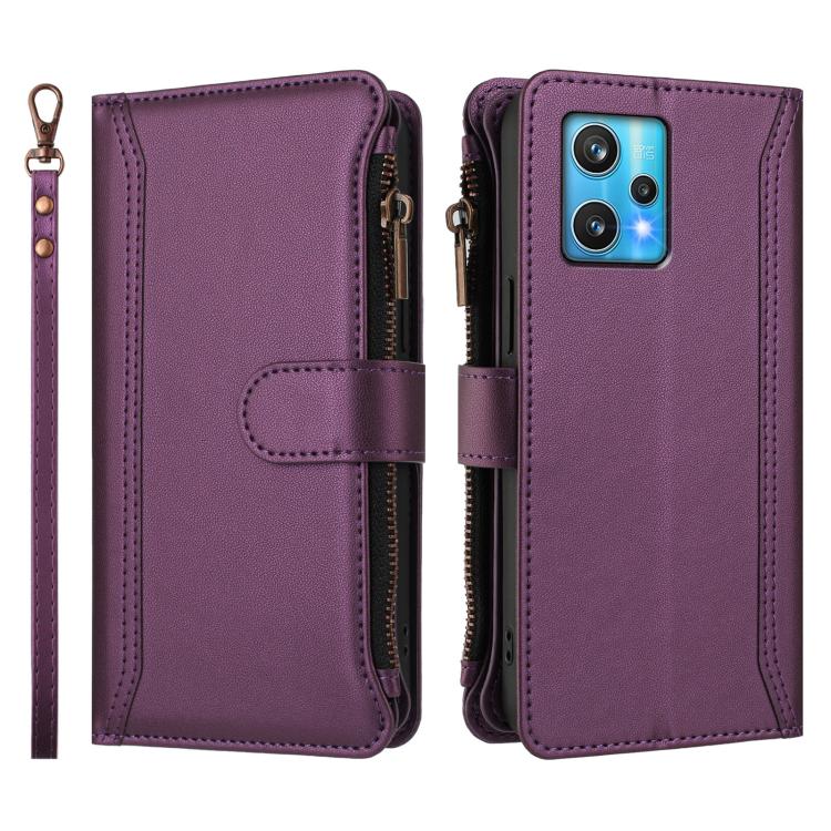 For Realme 9 Pro+ 5G / Narzo 50 Pro Magnetic Closure 9 Card Slots Zipper Leather Case with Hand Strap