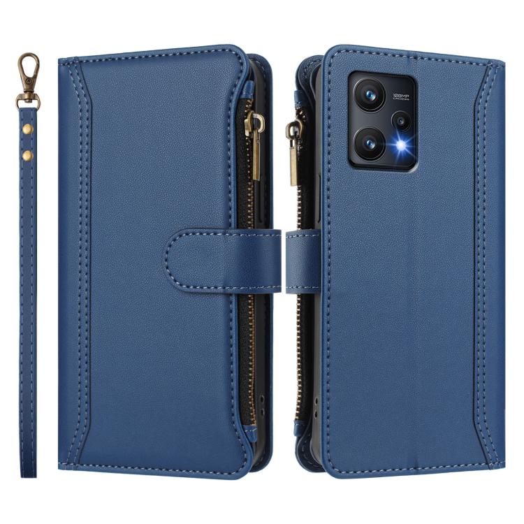 For Realme 9 Pro 5G Global Magnetic Closure 9 Card Slots Zipper Leather Case with Hand Strap