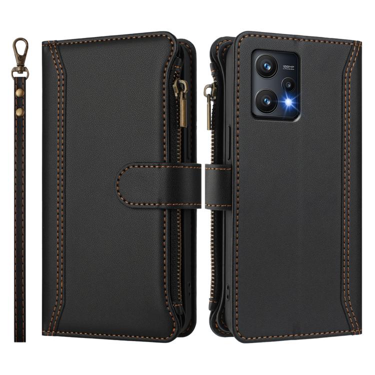 For Realme 9 Pro 5G Global Magnetic Closure 9 Card Slots Zipper Leather Case with Hand Strap