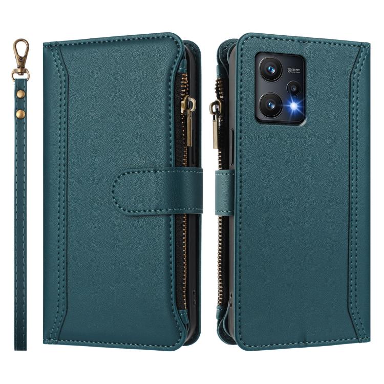 For Realme 9 Pro 5G Global Magnetic Closure 9 Card Slots Zipper Leather Case with Hand Strap