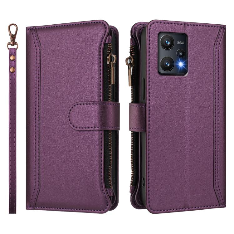 For Realme 9 Pro 5G Global Magnetic Closure 9 Card Slots Zipper Leather Case with Hand Strap