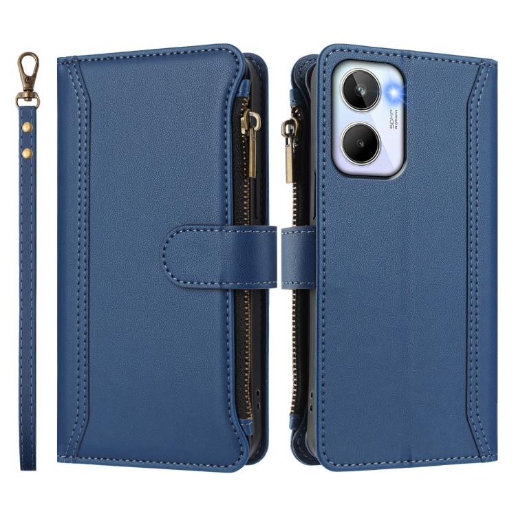 For Realme 10 4G Global Magnetic Closure 9 Card Slots Zipper Leather Case with Hand Strap