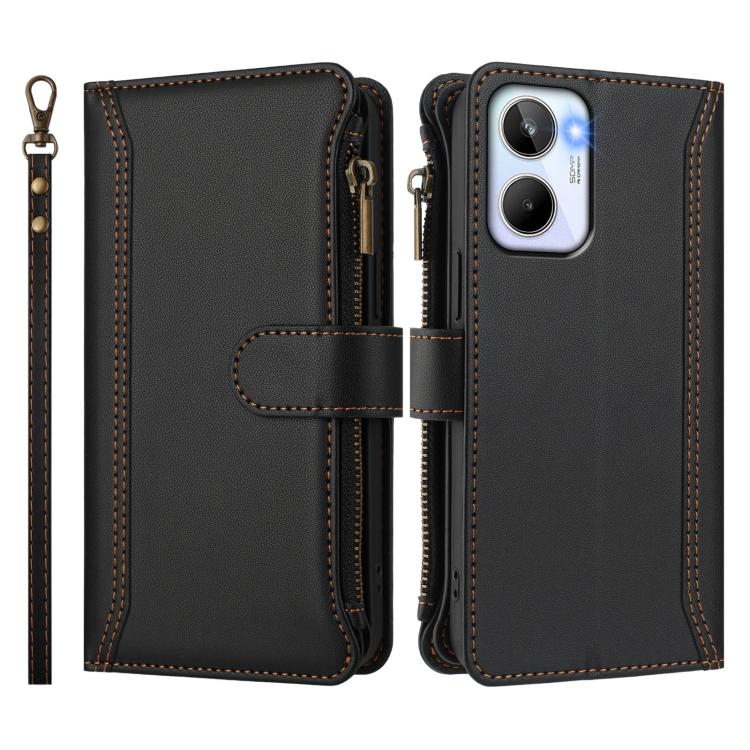 For Realme 10 4G Global Magnetic Closure 9 Card Slots Zipper Leather Case with Hand Strap