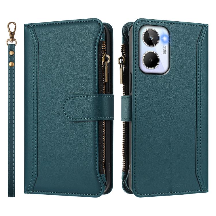 For Realme 10 4G Global Magnetic Closure 9 Card Slots Zipper Leather Case with Hand Strap