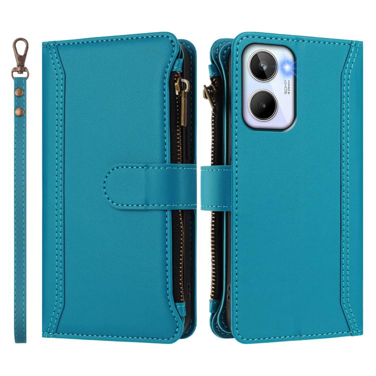 For Realme 10 4G Global Magnetic Closure 9 Card Slots Zipper Leather Case with Hand Strap