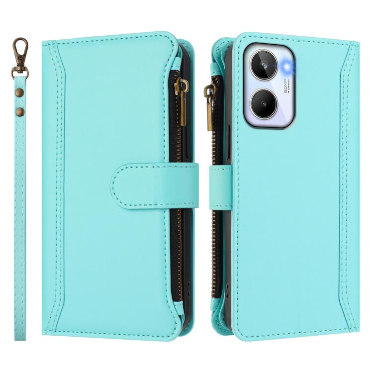 For Realme 10 4G Global Magnetic Closure 9 Card Slots Zipper Leather Case with Hand Strap