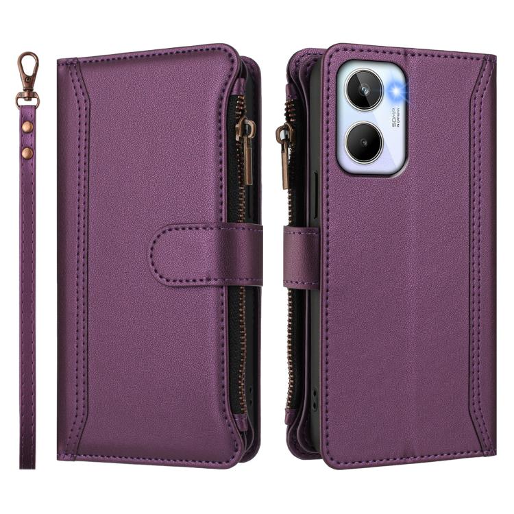 For Realme 10 4G Global Magnetic Closure 9 Card Slots Zipper Leather Case with Hand Strap