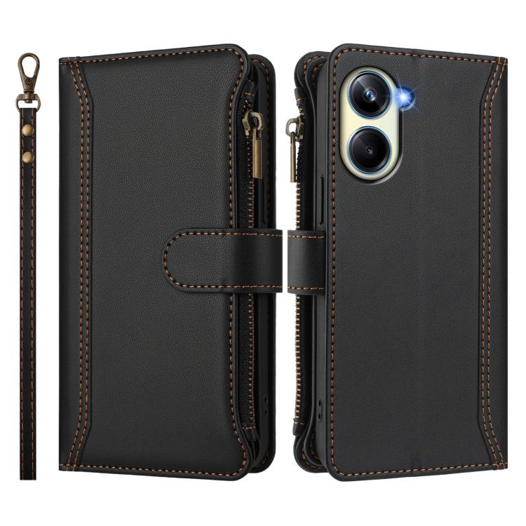 For Realme 10 Pro 5G Magnetic Closure 9 Card Slots Zipper Leather Case with Hand Strap