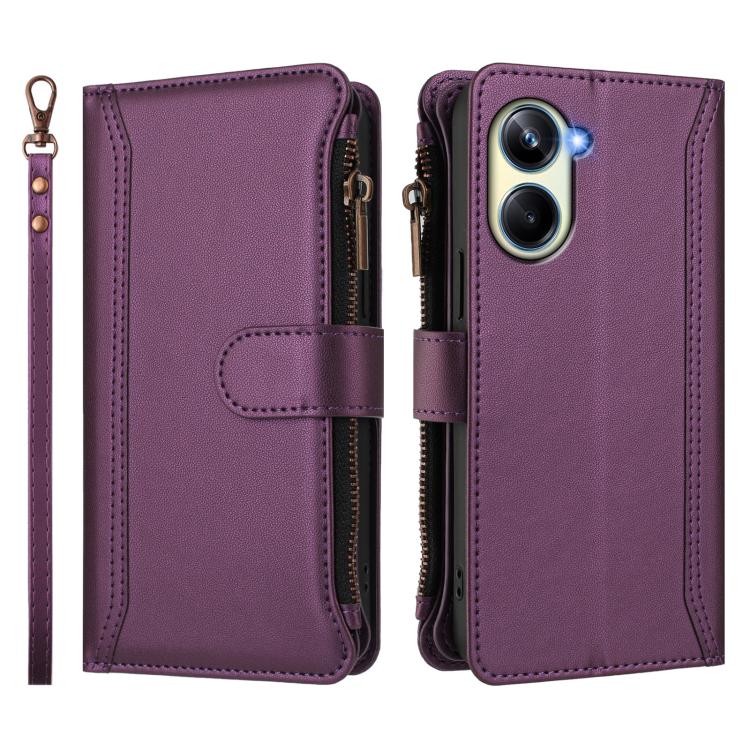 For Realme 10 Pro 5G Magnetic Closure 9 Card Slots Zipper Leather Case with Hand Strap