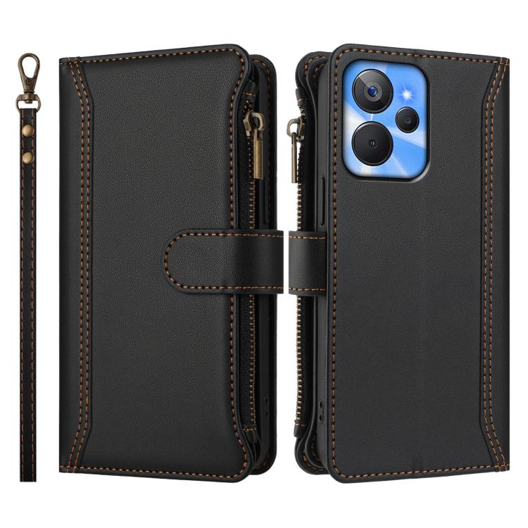 For Realme 10T 5G / 10S 5G Magnetic Closure 9 Card Slots Zipper Leather Case with Hand Strap