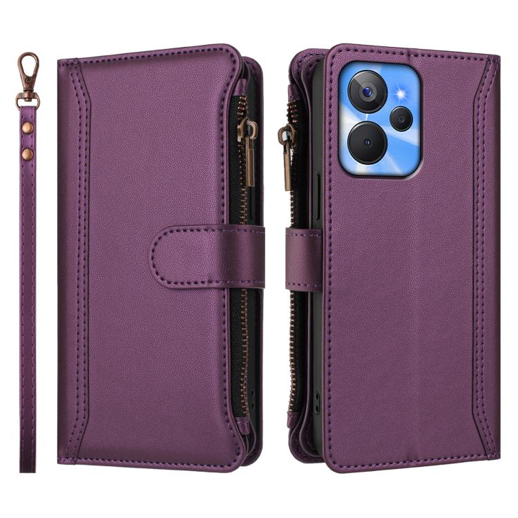 For Realme 10T 5G / 10S 5G Magnetic Closure 9 Card Slots Zipper Leather Case with Hand Strap