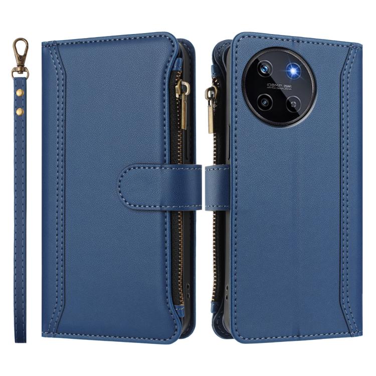 For Realme 11 4G Global Magnetic Closure 9 Card Slots Zipper Leather Case with Hand Strap