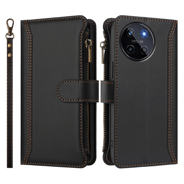 For Realme 11 4G Global Magnetic Closure 9 Card Slots Zipper Leather Case with Hand Strap