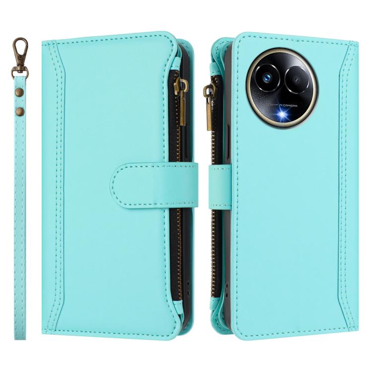 For Realme 11 5G Global / 11X 5G Magnetic Closure 9 Card Slots Zipper Leather Case with Hand Strap