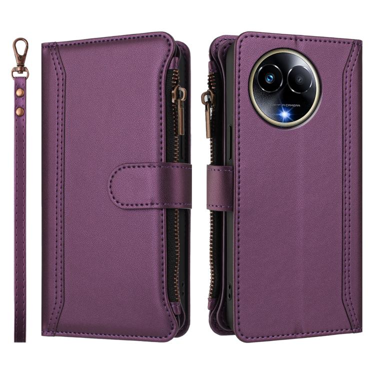 For Realme 11 5G Global / 11X 5G Magnetic Closure 9 Card Slots Zipper Leather Case with Hand Strap