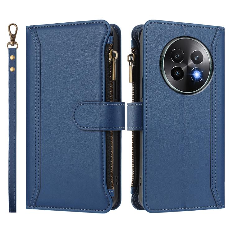 For Realme 13+ 5G Global Magnetic Closure 9 Card Slots Zipper Leather Case with Hand Strap