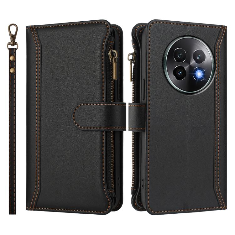 For Realme 13+ 5G Global Magnetic Closure 9 Card Slots Zipper Leather Case with Hand Strap
