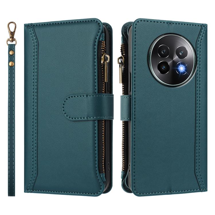 For Realme 13+ 5G Global Magnetic Closure 9 Card Slots Zipper Leather Case with Hand Strap