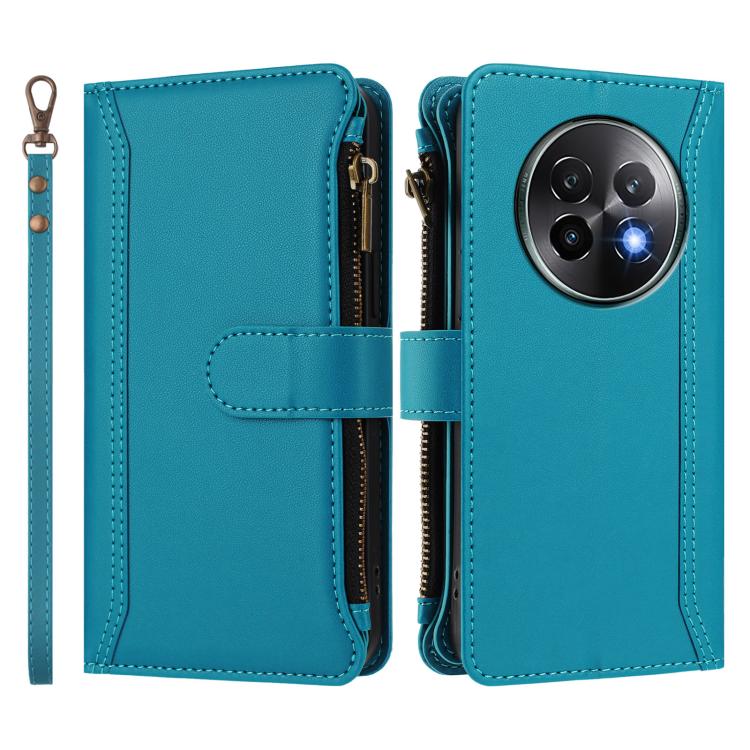 For Realme 13+ 5G Global Magnetic Closure 9 Card Slots Zipper Leather Case with Hand Strap