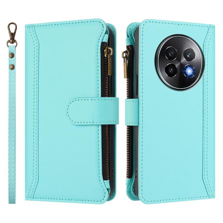 For Realme 13+ 5G Global Magnetic Closure 9 Card Slots Zipper Leather Case with Hand Strap