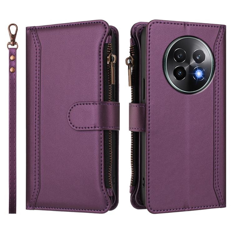 For Realme 13+ 5G Global Magnetic Closure 9 Card Slots Zipper Leather Case with Hand Strap