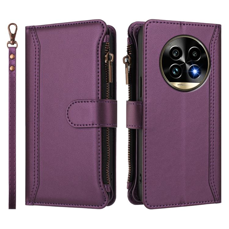 For Realme 13 Pro 5G Global Magnetic Closure 9 Card Slots Zipper Leather Case with Hand Strap