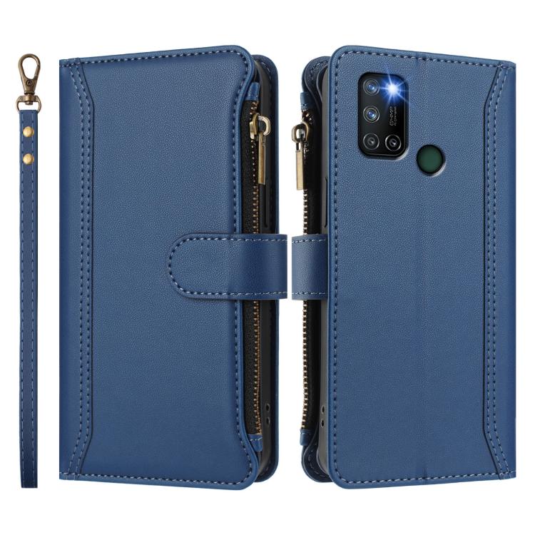 For Realme C17 / 7i Magnetic Closure 9 Card Slots Zipper Leather Case with Hand Strap