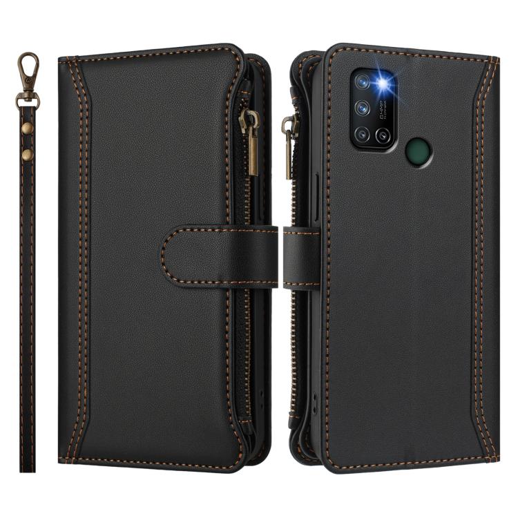 For Realme C17 / 7i Magnetic Closure 9 Card Slots Zipper Leather Case with Hand Strap